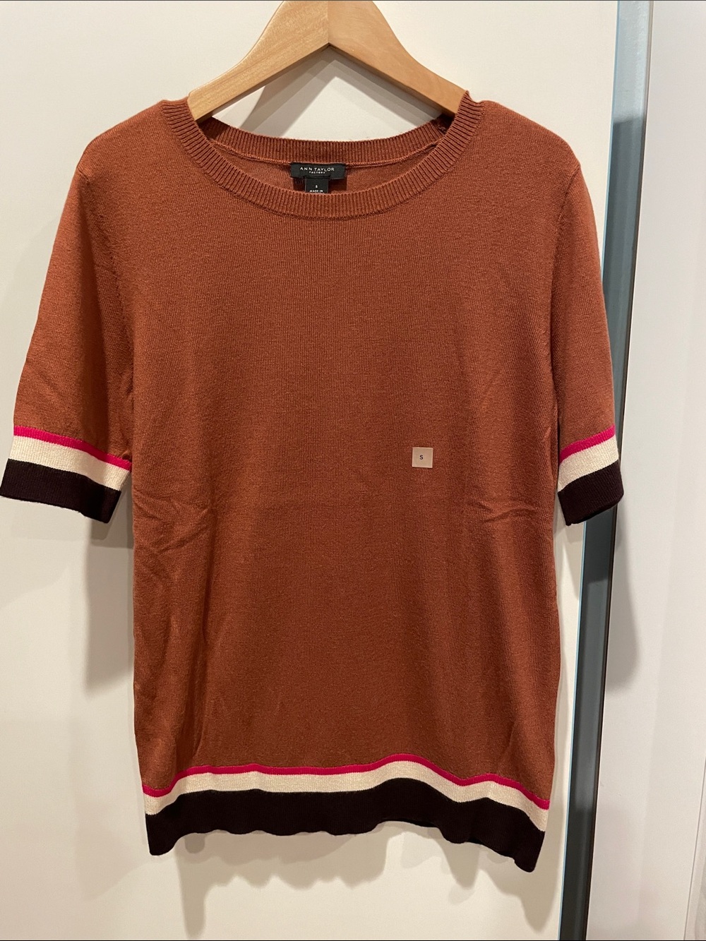 Ann Taylor Burnt Orange Short Sleeve Knit Top with Contrast Stripe